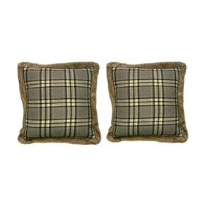 Pillow Pair Newport Plaid Wool Blend Cover and Feather Insert Faux Fur Boarder